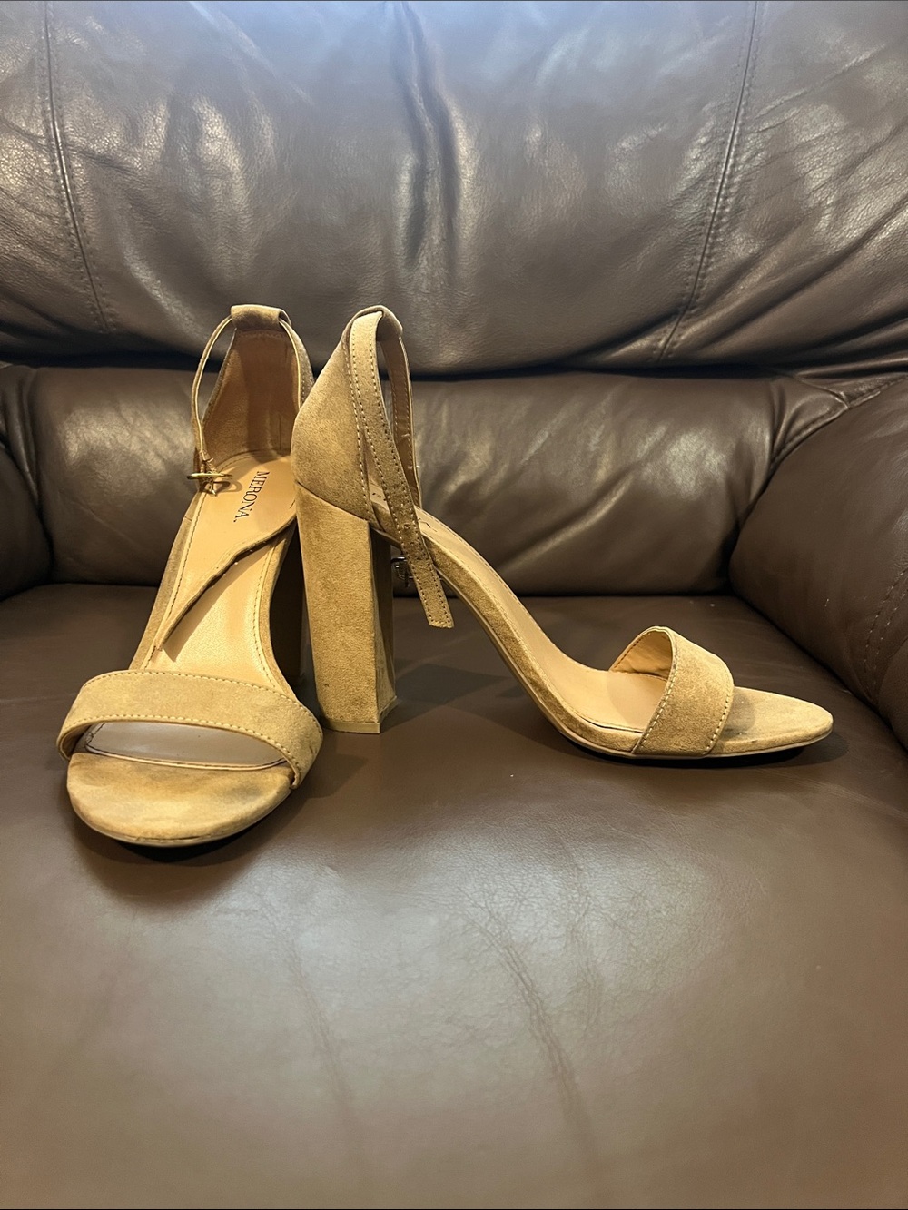 Merona Suede Ankle-Strap Block Heels in Tan